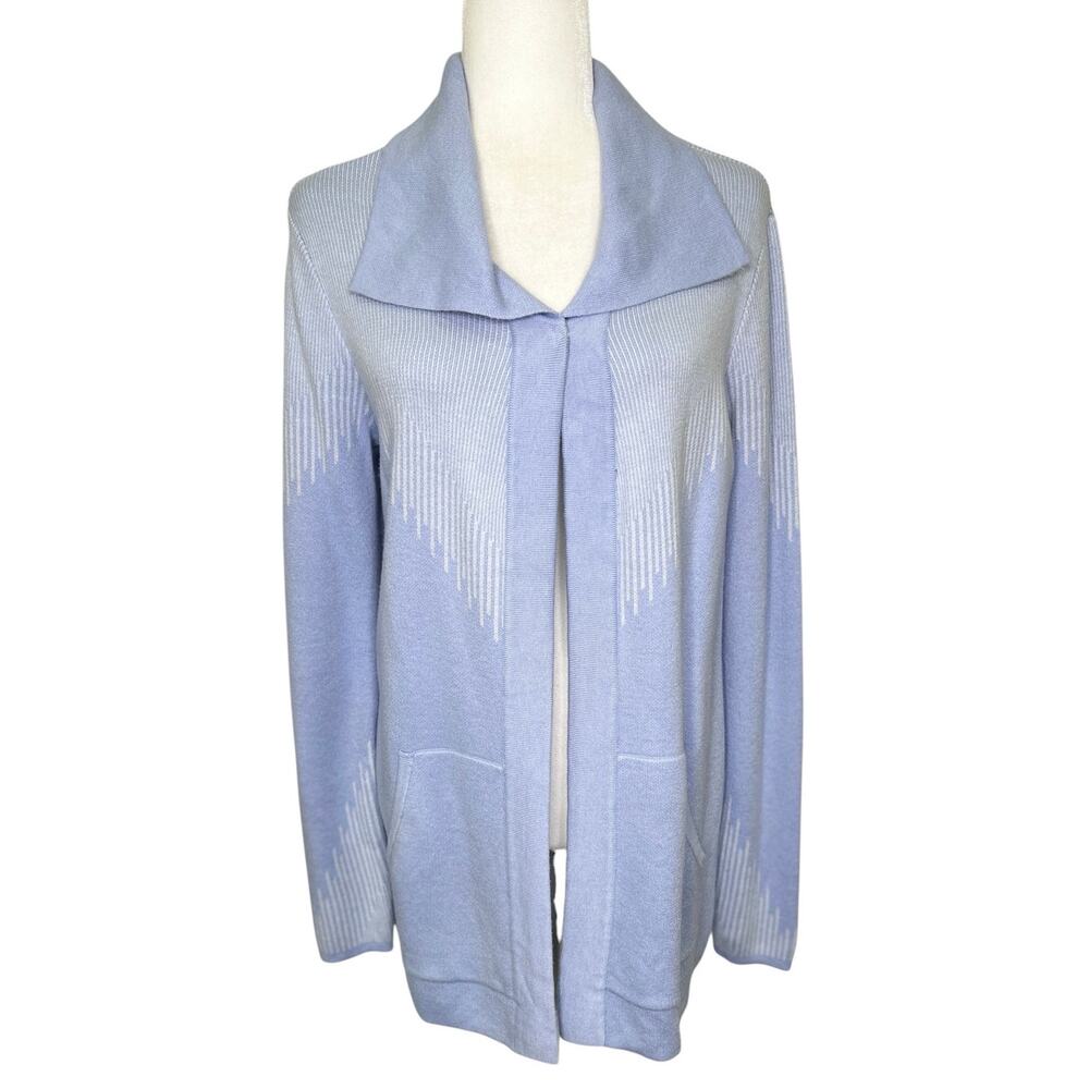 Isaac Mizrahi Live Blue White Vertical Stripe Shawl Collar Open Front Cardigan S